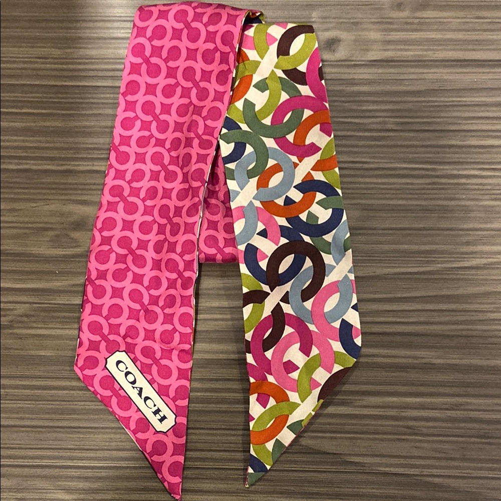 Coach Pink and Colorful Patterned Scarf